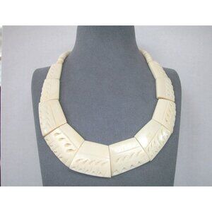 Vintage  Chunky Statement Necklace With Carved Geometric  & Hook Clasp